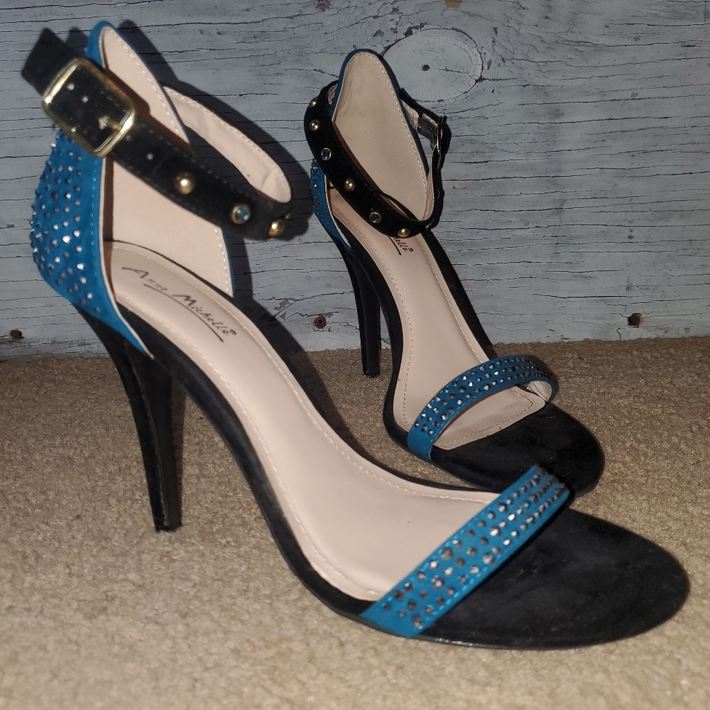 Anne Michelle Enzo-44 Sexy Embellished Stiletto Sandal, Size: 10, Black & Blue